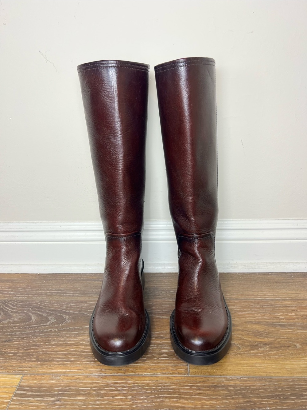 Zara Oxblood Burgundy Leather Knee High Boots Women 7.5 EU 38 NWT - Picture 2 of 13